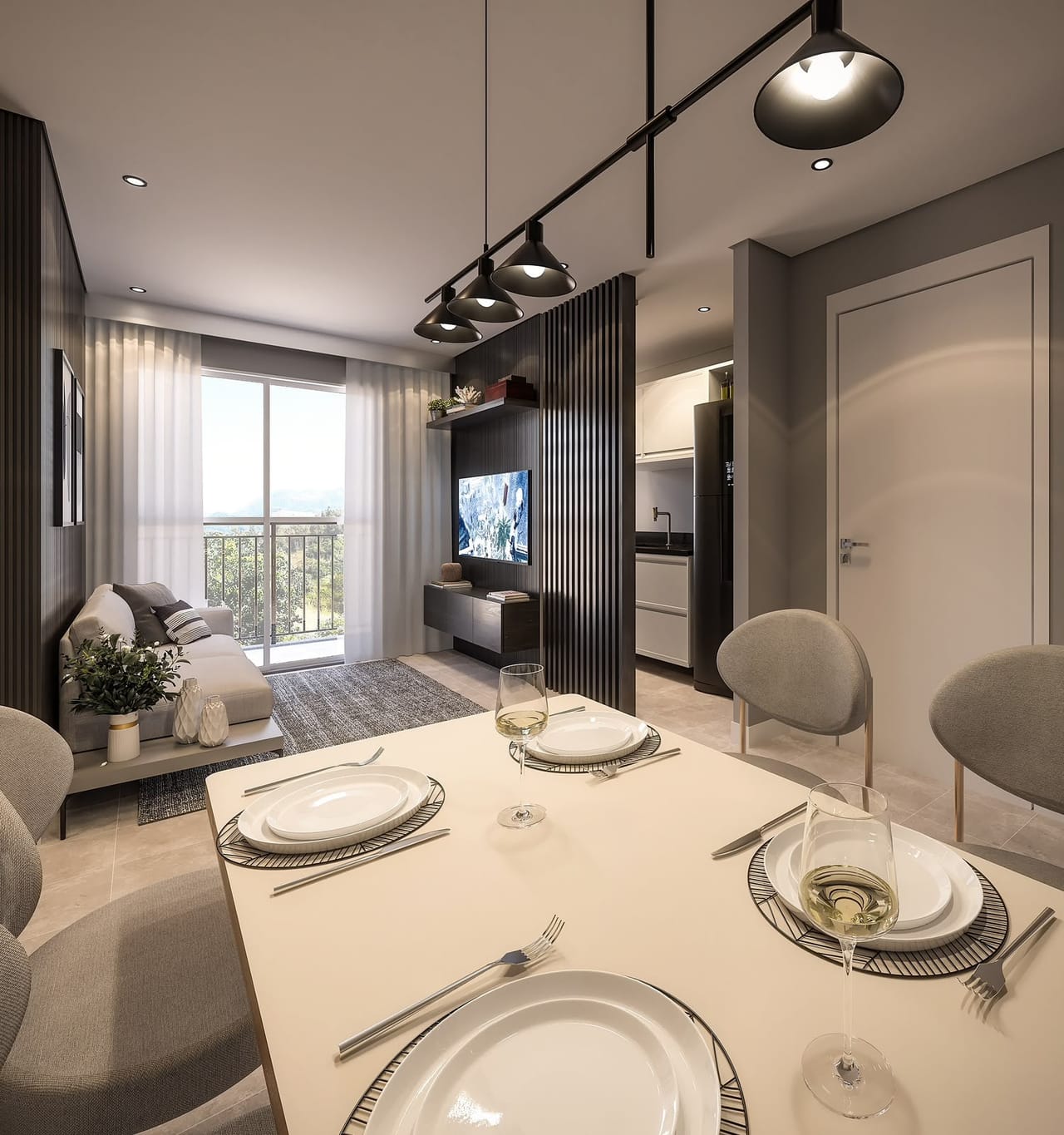 Sala e cozinha integradas de apartamento decorado do Nova Irajá, com mesa posta e varanda ao fundo