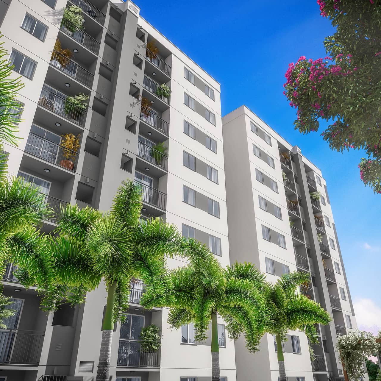 Fachada dos blocos do Nova Irajá Residencial vista de baixo, com varandas e palmeiras