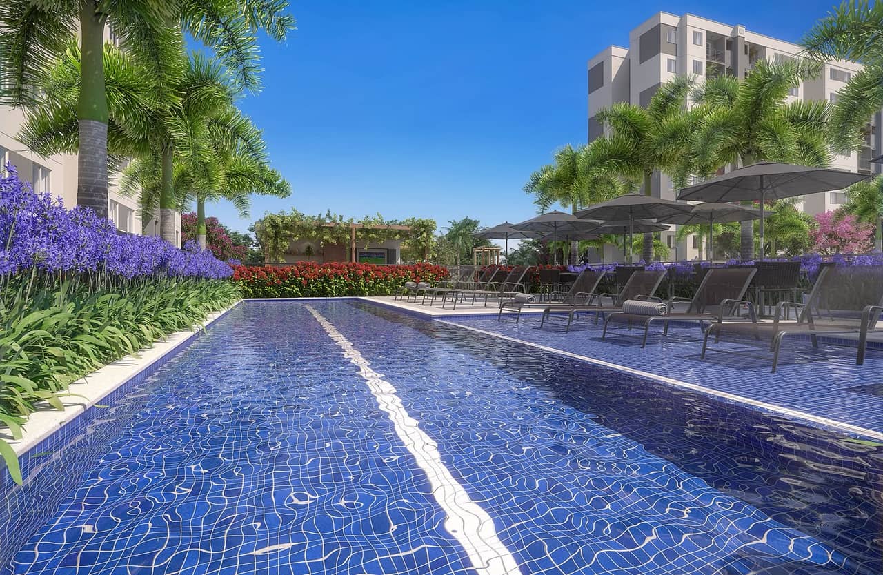 Piscina do Nova Irajá vista de perto, com espreguiçadeiras, palmeiras e agapantos